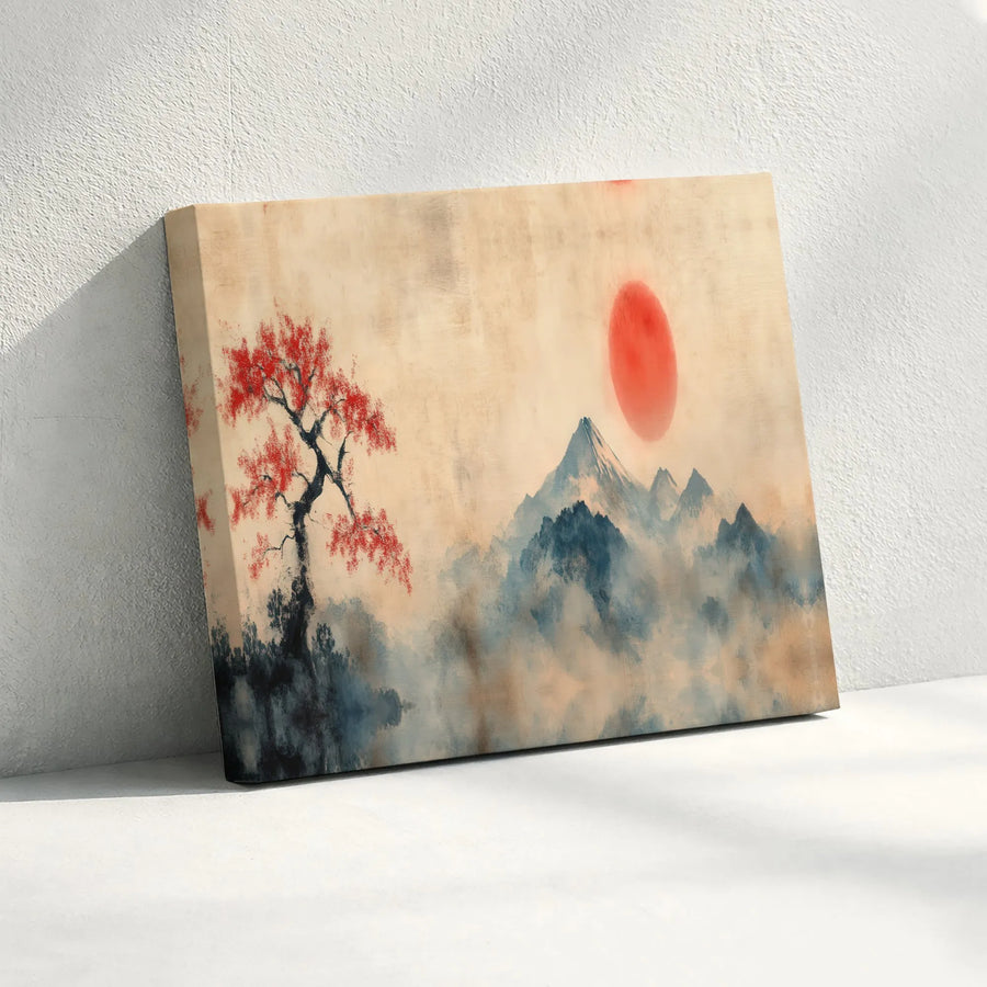 Japanese Ink Painting Canvas Wall Art | Mount Fuji Red Sun Landscape | Premium Fade-Resistant Print | Zen Home Decor Gift for Living Room