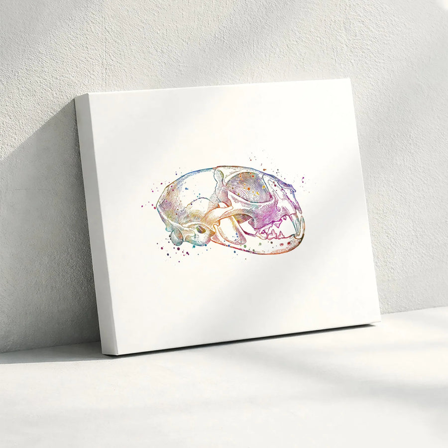 Cat Skull Wall Art | Watercolor Anatomical Feline Skeleton Print | Premium Gallery Wrapped Canvas | Unique Veterinary Decor Gift