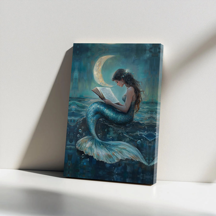 Mermaid Reading Canvas Print | Moonlit Ocean Book Lover Art | Premium Gallery Wrapped Canvas | Collector's Gift for Fantasy Art Lovers