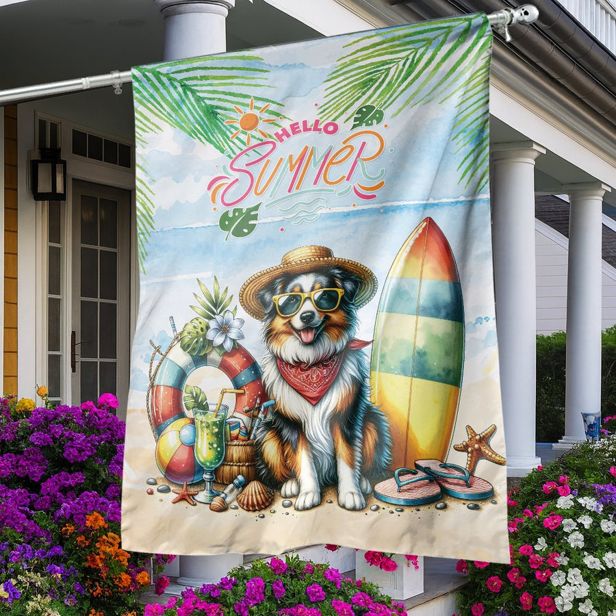 Australian Shepherd Garden Flag | Hello Summer Beach Dog With Surfboard | Weather-Resistant Polyester | Seasonal Outdoor Garden Decor Gift
