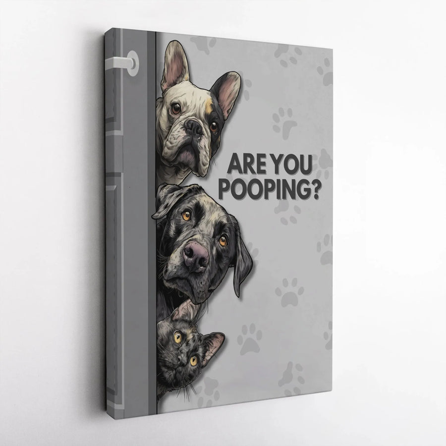 Are You Pooping? Peeking Dogs And Cat Canvas | Funny Bathroom Wall Art | Premium Gallery Wrap Decor | Unique Gift For Pet Lovers