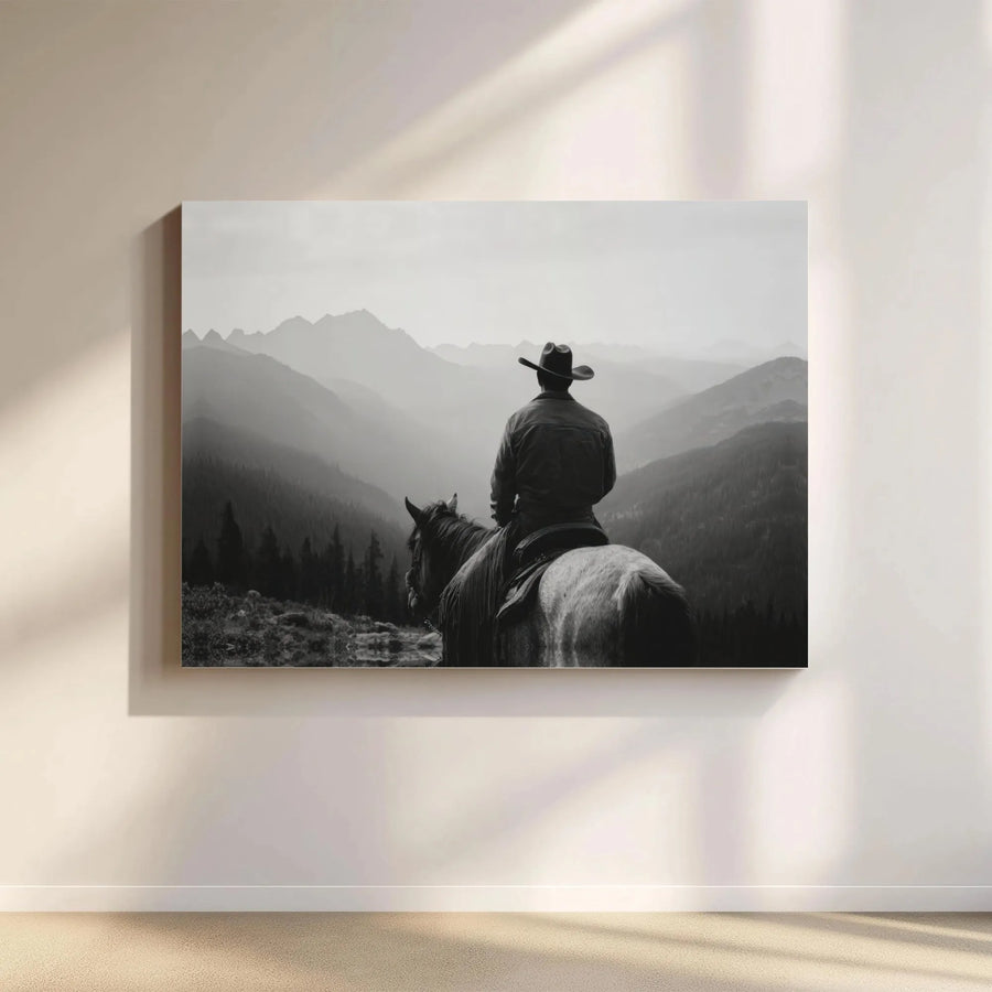 Western Cowboy Wall Art | Black and White Mountain Landscape | Gallery Quality Canvas Print | Rustic Home Decor Gift for Him