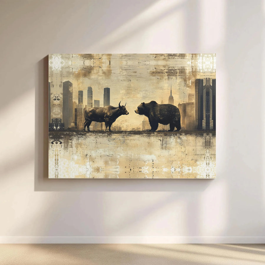 Bull vs Bear Wall Art | Stock Market Financial City Skyline Canvas | Premium Gallery-Wrapped Decor | Office Gift for Investors