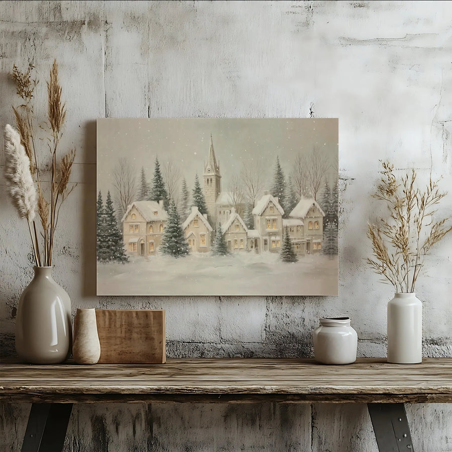 Snowy Christmas Village Canvas Wall Art | Winter Church Landscape Decor | Premium Gallery Wrap Print | Festive Holiday Home Gift