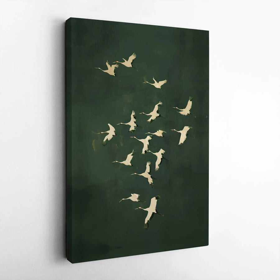 Japanese Crane Wall Art | Flying Bird Flock Canvas Print | Premium Fade-Resistant Decor | Modern Nature Living Room Artwork