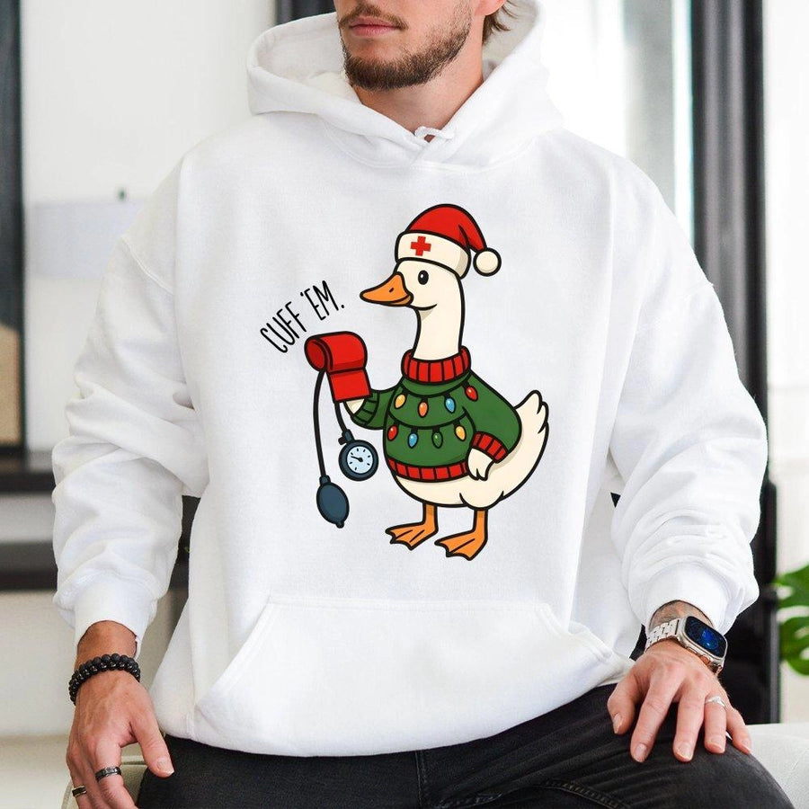 Christmas Nurse Hoodie | Silly Goose Cuff 'Em Blood Pressure Design | Premium Cotton-Poly Blend | Funny Gift for Nursing Students and RNs