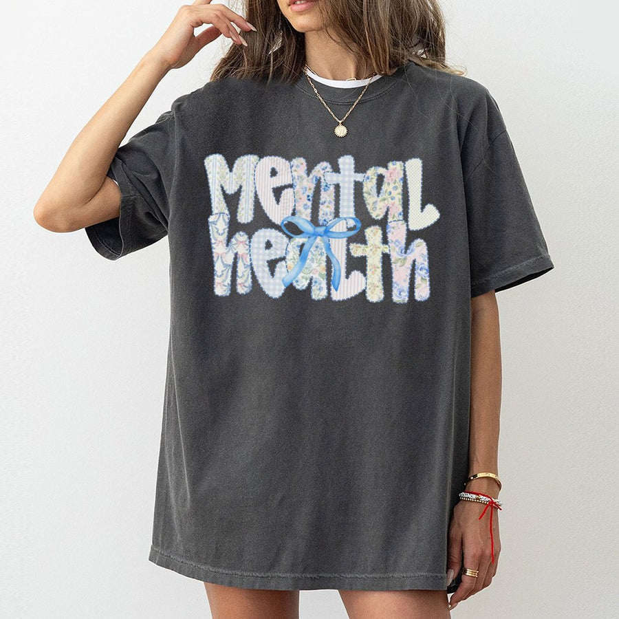 Mental Health Awareness T-Shirt | Floral Patchwork Typography Design | Premium Soft Cotton | Gift For Psychologist, Counselor Or Advocate