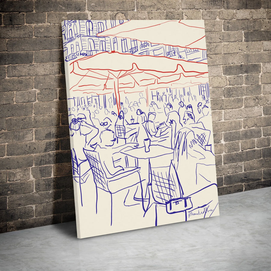 European Cafe Canvas Wall Art | Sketch Style Bistro Scene With Red Umbrellas | Premium Gallery Wrap Print | Modern Kitchen & Living Room Home Decor Gift