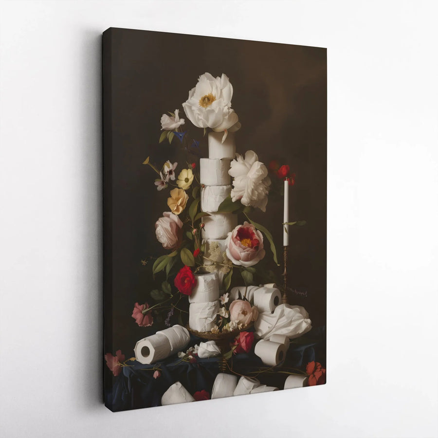 Toilet Paper Still Life Canvas Art | Dutch Master Floral Oil Painting Style | Premium Gallery Wrap Wall Decor | Funny Bathroom Wall Art Gift