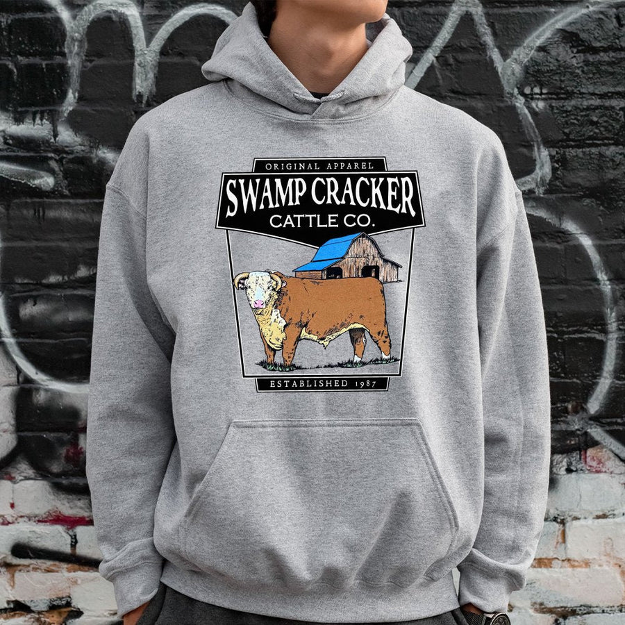 Swamp Cracker Cattle Co Hoodie | Western Ranch Farmhouse Bull Graphic | Premium Cotton-Blend Pullover | Country Style Gift for Farmers & Ranchers