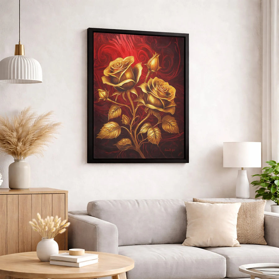 Golden Rose Wall Art | Elegant Floral Painting on Deep Red Swirls | Premium Gallery Canvas | Luxury Home Decor Gift for Her