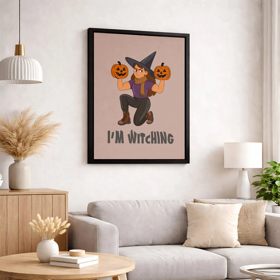 I'm Witching Canvas Wall Art | Muscular Witch Holding Pumpkins Design | Premium Fade-Resistant Print | Funny Halloween Home Decor Gift