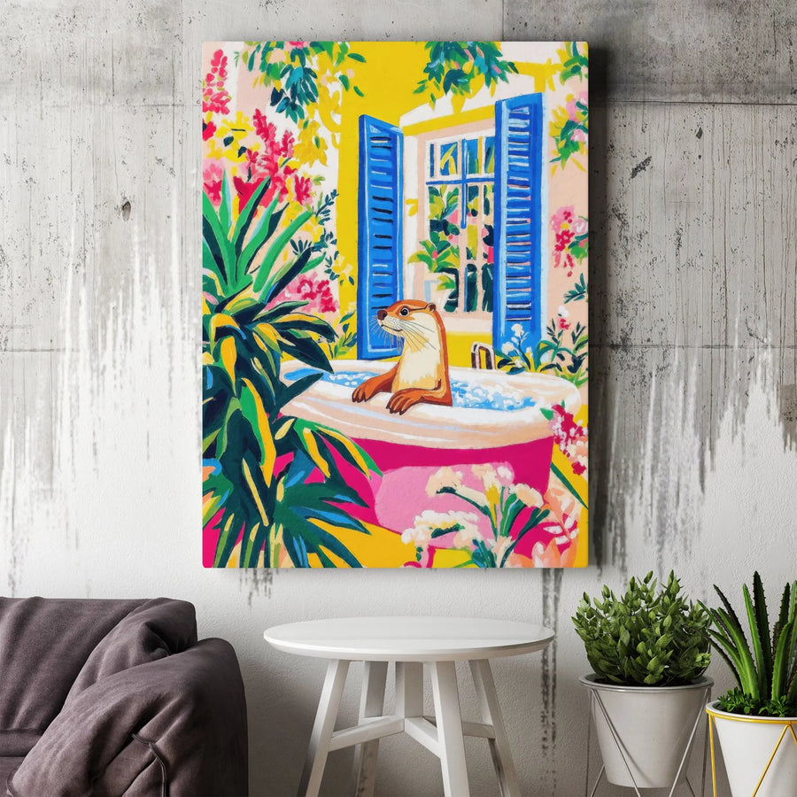Otter In Bathtub Canvas Wall Art | Colorful Floral Garden Bathroom Decor | 1.25 Inch Gallery Wrap Print | Whimsical Animal Lover Gift