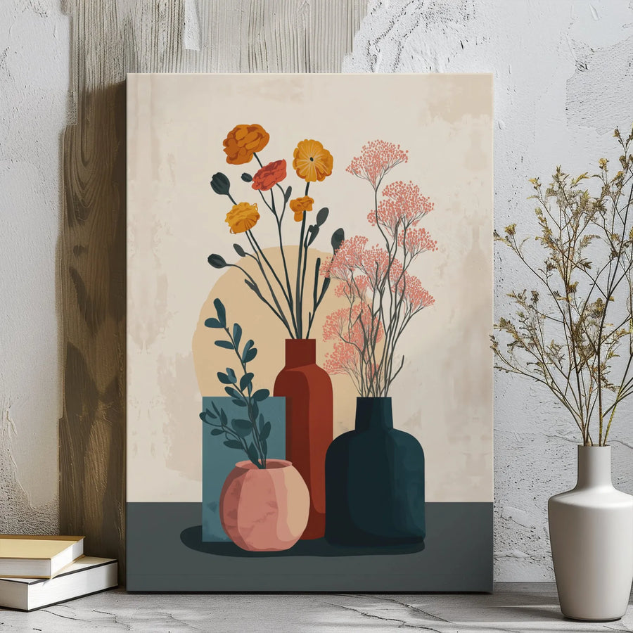 Boho Floral Canvas Wall Art | Mid Century Modern Still Life Vases | Premium Gallery Wrapped Decor | Aesthetic Home Office Gift