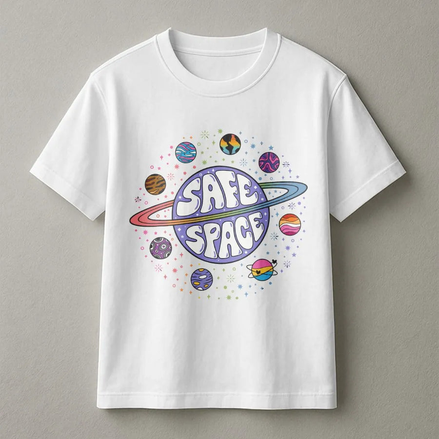 Safe Space T-Shirt | LGBTQ Pride Planet Graphic | Premium Soft Cotton Tee | Inclusive Apparel Gift For Allies