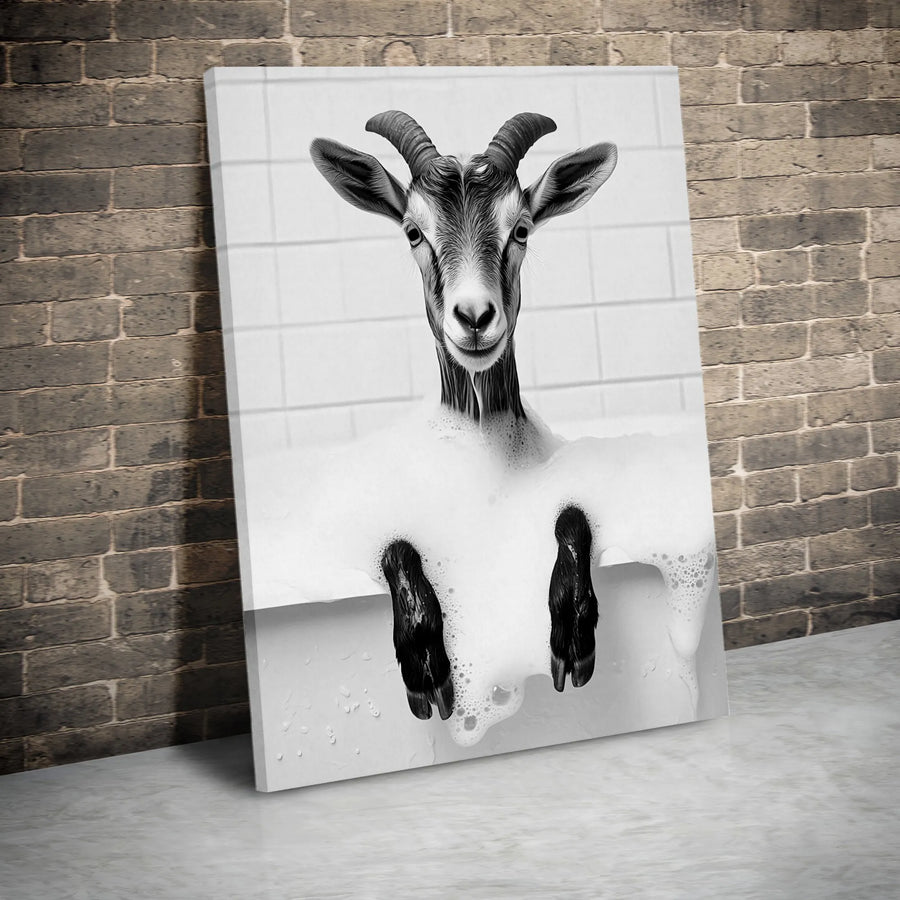 Goat in Bathtub Wall Art | Funny Farmhouse Animal Portrait | Premium Gallery Canvas | Unique Bathroom Decor Gift