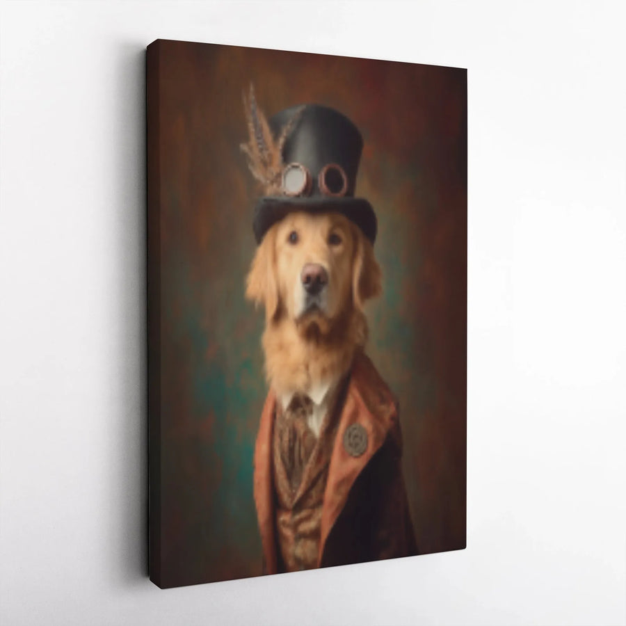 Steampunk Golden Retriever Wall Art | Victorian Dog Portrait in Top Hat and Goggles | Premium Gallery Wrapped Canvas | Quirky Pet Lover Gift Idea