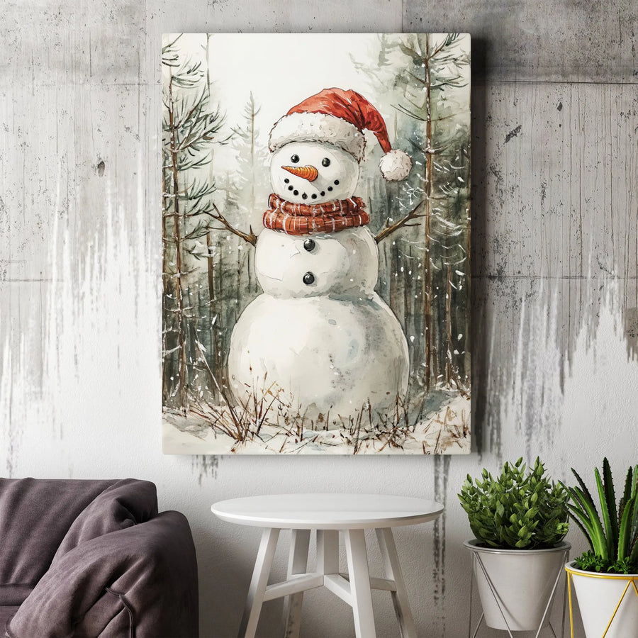 Watercolor Snowman Canvas Wall Art | Festive Christmas Forest Scene | Premium Fade-Resistant Gallery Wrap | Seasonal Holiday Home Decor Gift