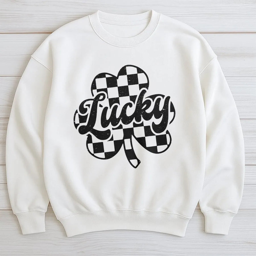 Lucky St Patrick's Day Sweatshirt | Checkerboard Shamrock Graphic Print | Premium Cotton Blend Crewneck | Unisex Festive Gift for Men and Women