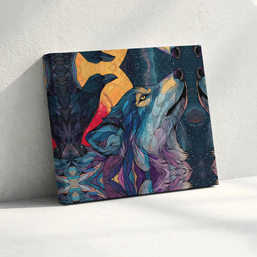 Howling Wolf and Raven Canvas Wall Art | Psychedelic Starry Sky Night Portrait | Premium 1.25-Inch Gallery Wrap | Spiritual Home Decor Gift
