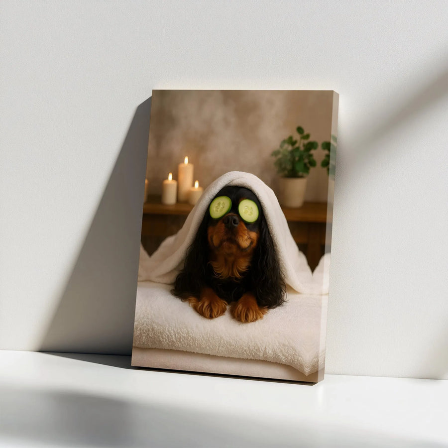 Cavalier King Charles Spaniel Canvas Wall Art | Funny Dog Spa Day Print with Cucumber Eyes | Premium Gallery Wrap Decor | Unique Gift for Dog Lovers