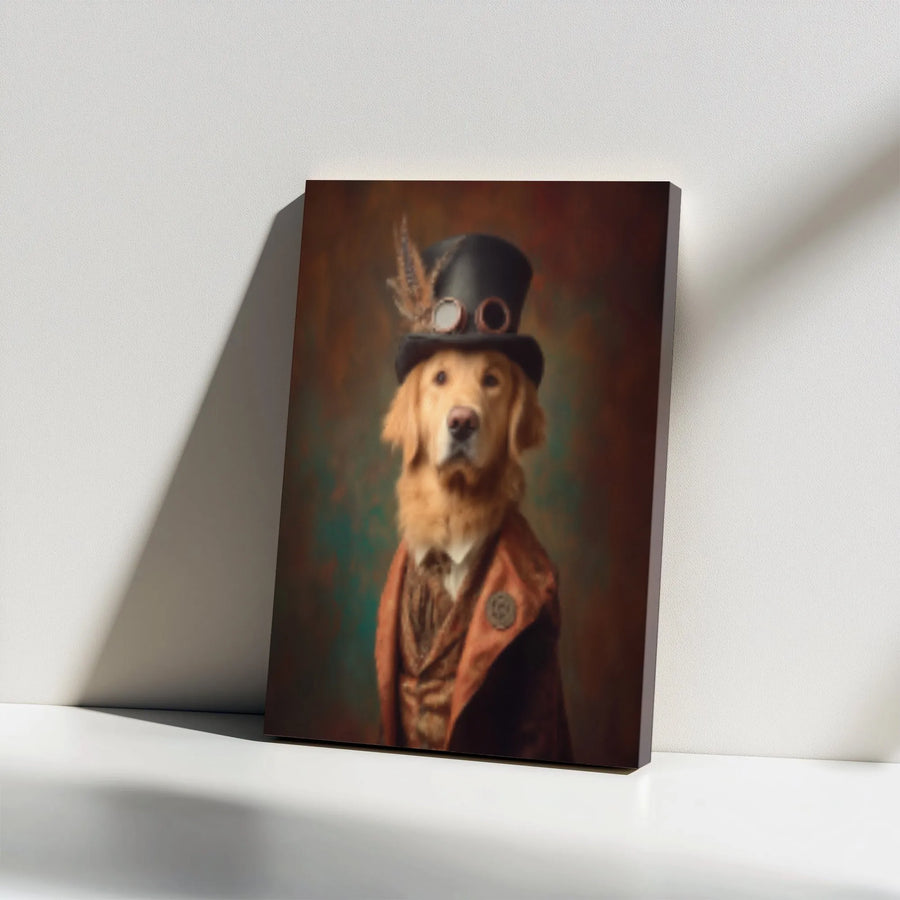 Steampunk Golden Retriever Wall Art | Victorian Dog Portrait in Top Hat and Goggles | Premium Gallery Wrapped Canvas | Quirky Pet Lover Gift Idea
