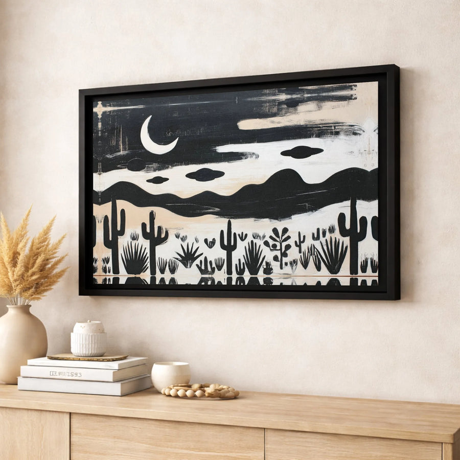 Abstract Desert Night Canvas Wall Art | Monochrome Cactus UFO Landscape Print | Gallery Quality Premium Decor | Modern Southwestern Home Gift