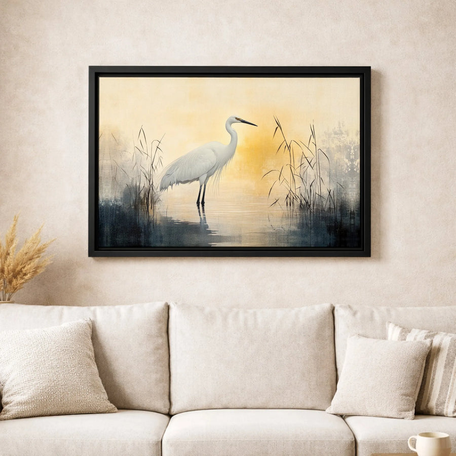 Great White Egret Canvas Wall Art | Marsh Bird Sunset Landscape | Premium Gallery Wrapped Print | Coastal Home Decor Gift