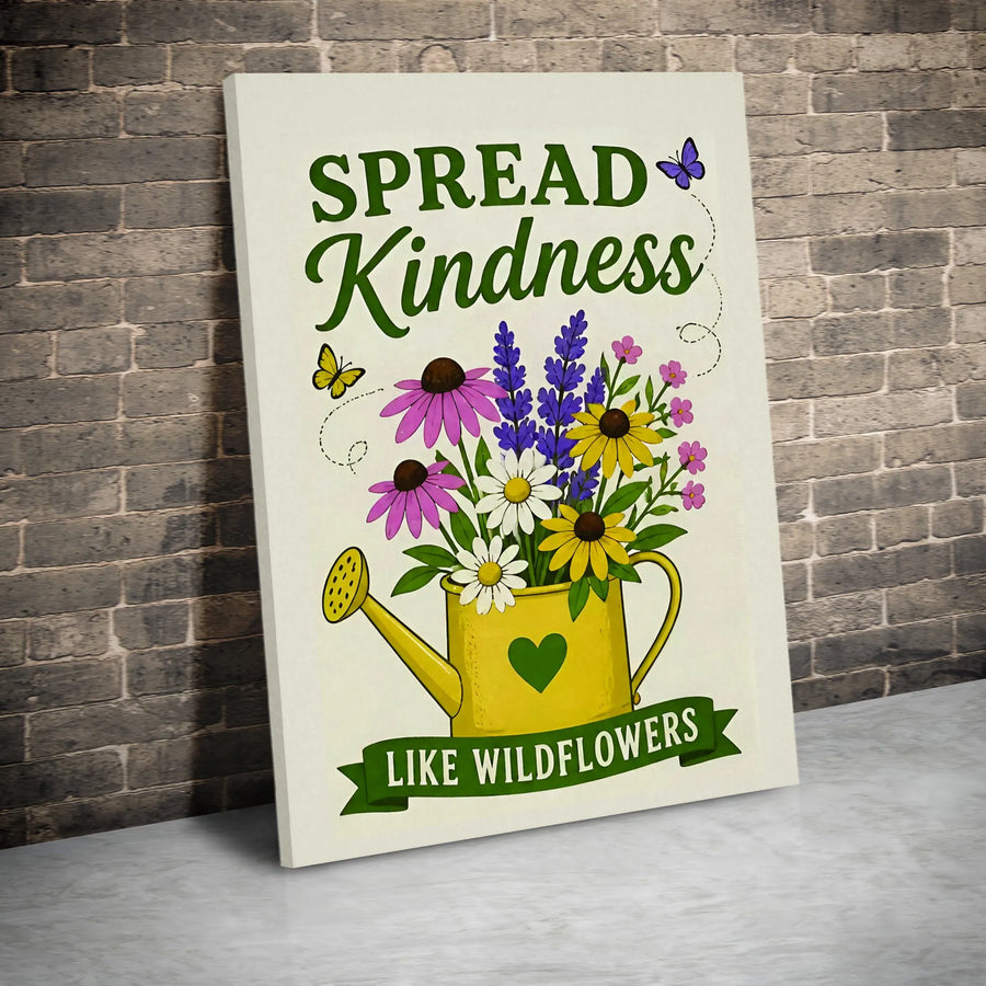 Spread Kindness Like Wildflowers Vertical Canvas | Cute Garden Watering Can Floral Illustration | Premium 1.25" Gallery Wrapped Wall Art | Inspirational Gift for Flower and Nature Lovers