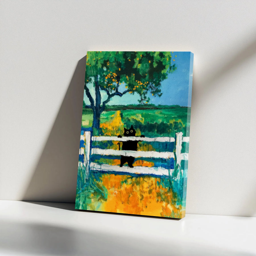 Black Cat Wall Art | Whimsical Farmhouse Fence Painting | Premium Stretched Gallery Wrap Canvas | Gift for Cat Lovers & Country Decor Enthusiasts