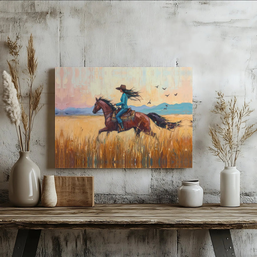 Western Cowgirl Canvas Art | Horse Riding in Golden Field Painting | Premium Gallery Wrapped Decor | Equestrian Wall Art for Home Gift