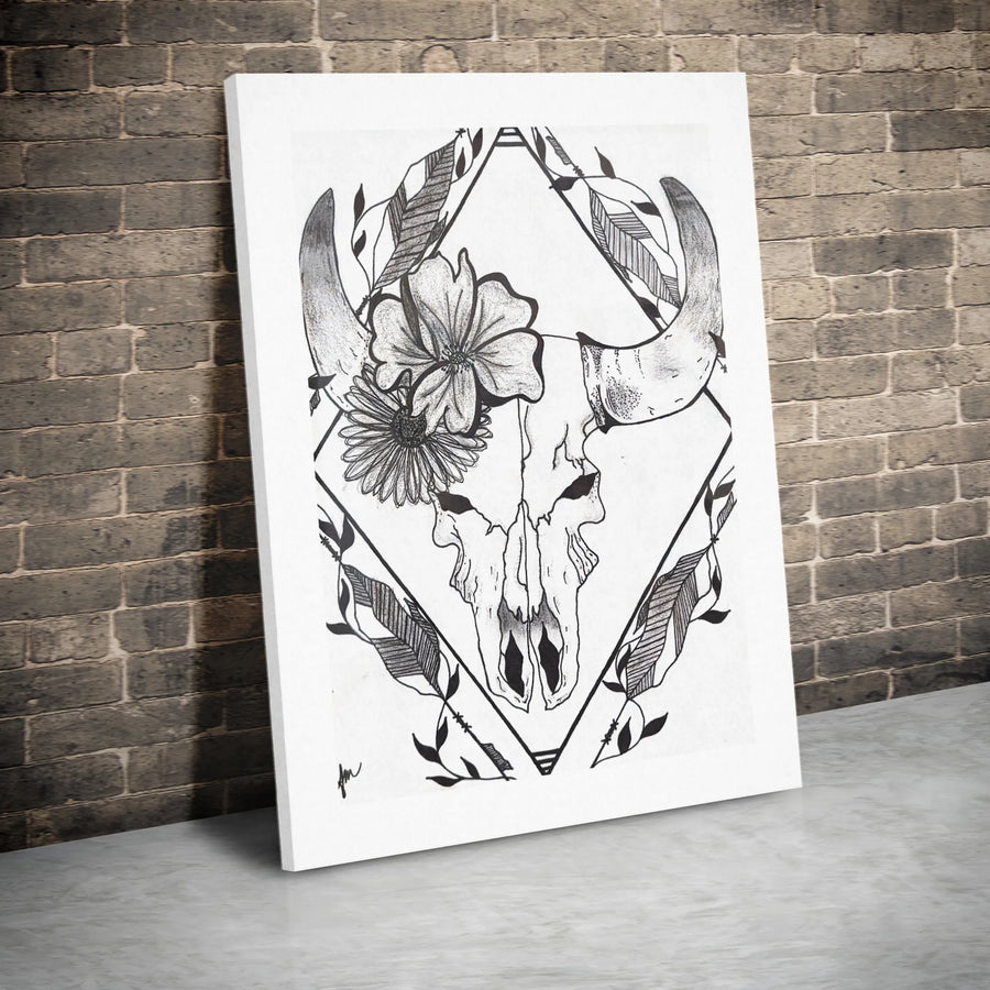 Bohemian Bull Skull Canvas Art | Floral Western Line Drawing | Premium Fade-Resistant Gallery Print | Southwestern Boho Home Decor Wall Gift