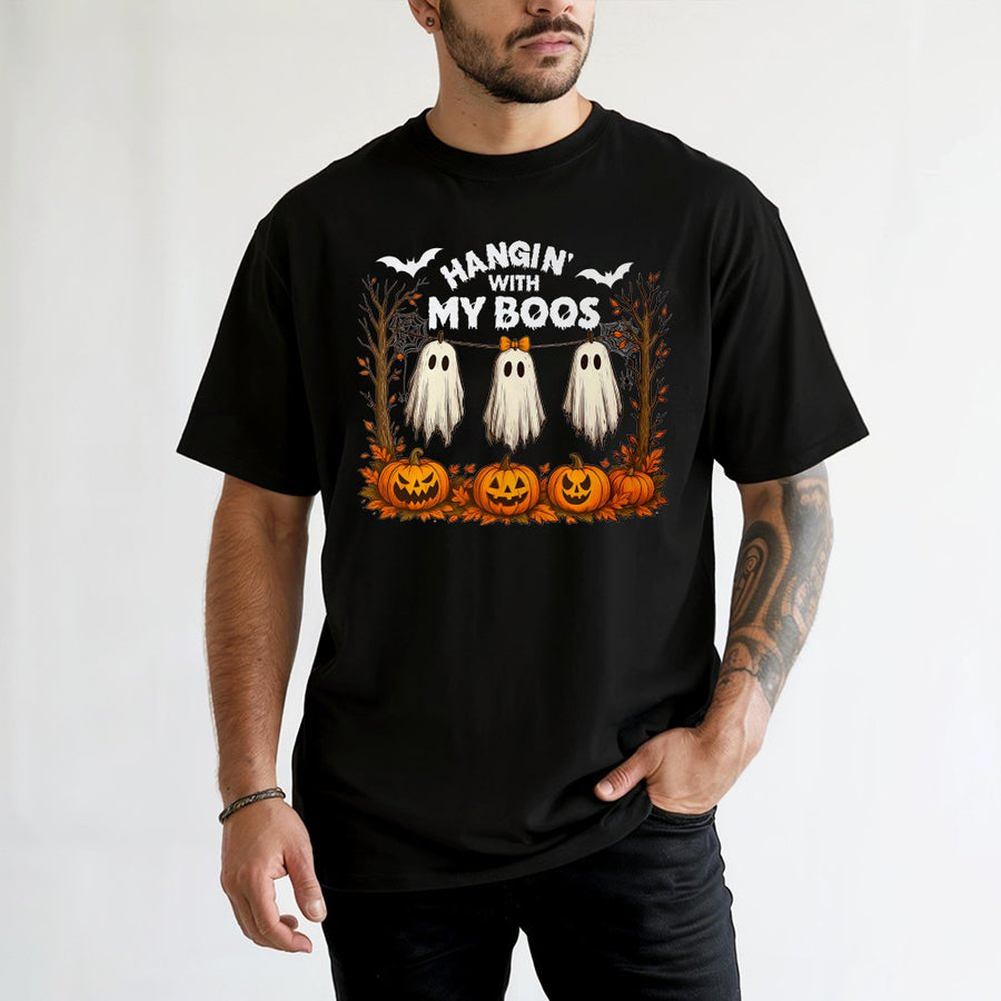 Hangin With My Boos T-Shirt | Funny Ghost And Pumpkin Graphic | Premium 100% Cotton | Cute Halloween Gift For Women And Men