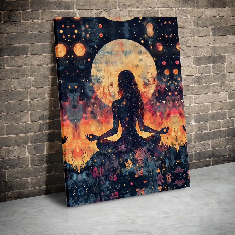 Yoga Meditation Canvas Wall Art | Celestial Moon Galaxy Silhouette | Premium Gallery Wrap Print | Spiritual Home Decor Gift for Women