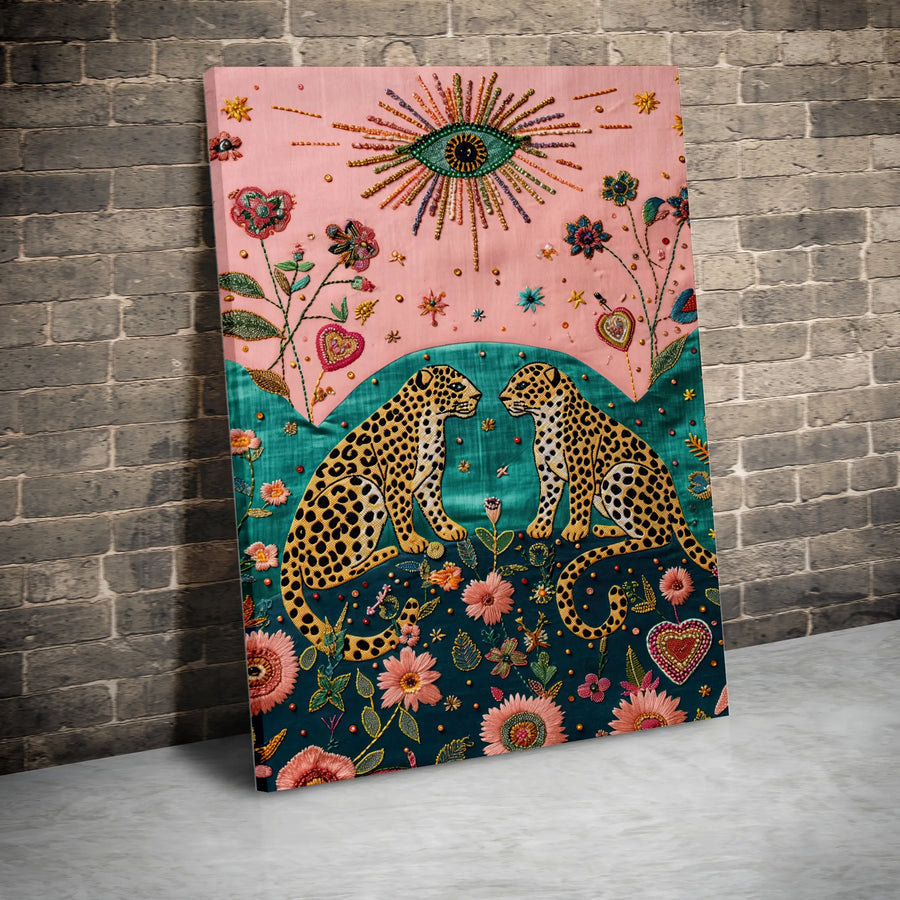 Boho Leopard Canvas Wall Art | Embroidered-Style Evil Eye Print | Premium Gallery Wrapped Canvas | Eclectic Home Decor Gift