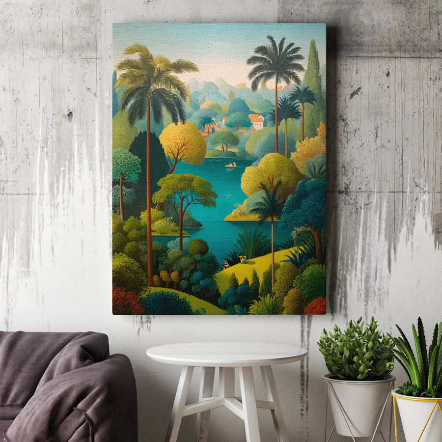 Vintage Tropical Landscape Vertical Canvas | Lush Jungle River Art Print with Palm Trees | Premium 1.25" Gallery Wrap | Vibrant Nature Wall Art Decor for Living Room Gift