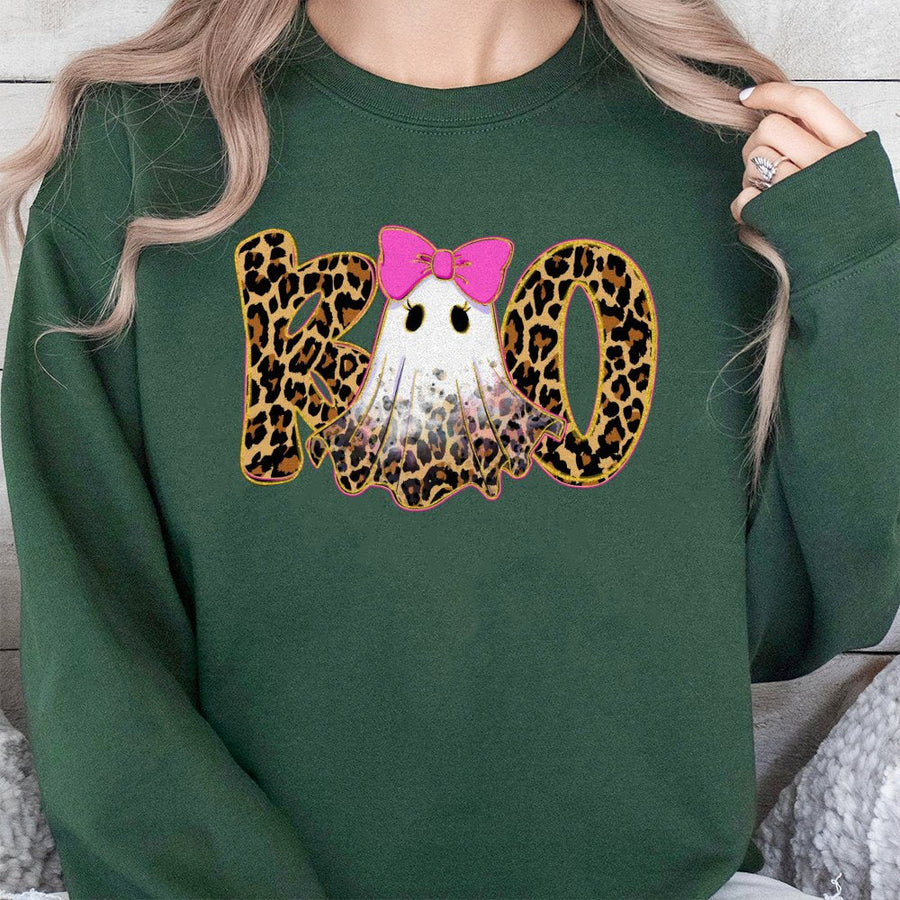 Leopard Ghost Sweatshirt | Preppy Boo Coquette Halloween Design | Premium Cotton Blend | Trendy Fall Gift for Women and Girls