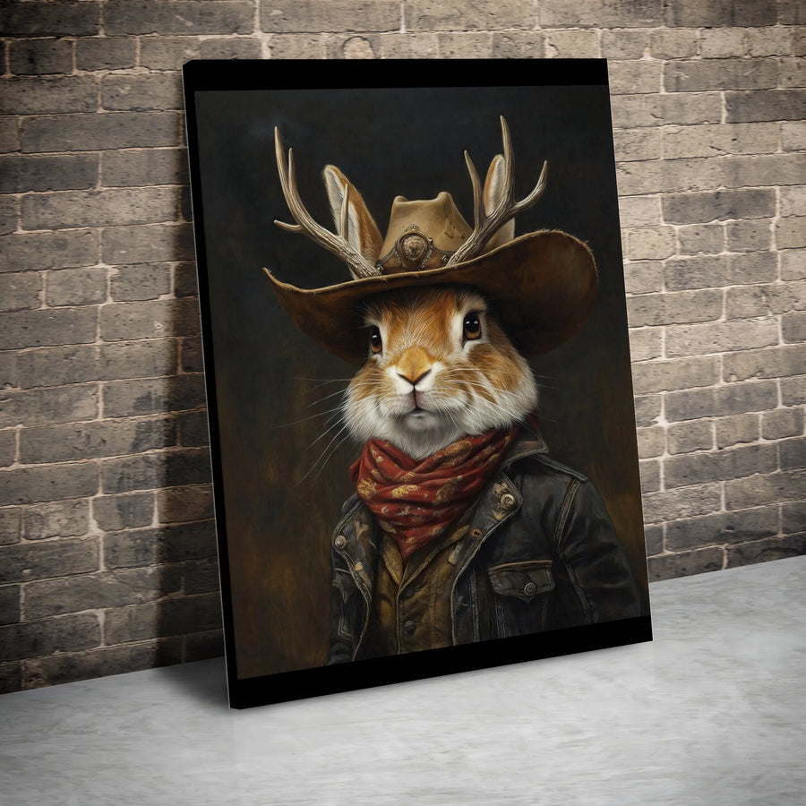 Cowboy Jackalope Wall Art | Rustic Western Rabbit Portrait | Gallery-Wrapped Canvas Print | Unique Office Decor Gift