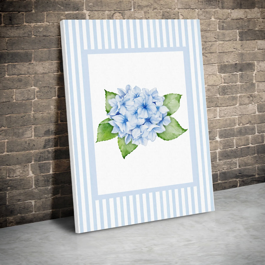 Blue Hydrangea Wall Art | Watercolor Flower With Striped Border | Premium Gallery Canvas | Farmhouse Home Decor Gift