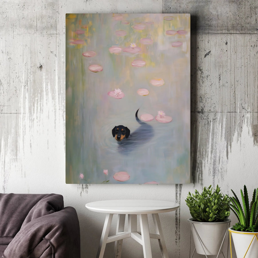 Dachshund Wall Art | Impressionist Water Lilies Dog Painting | Gallery Wrap Canvas | Unique Dog Lover Gift Home Decor