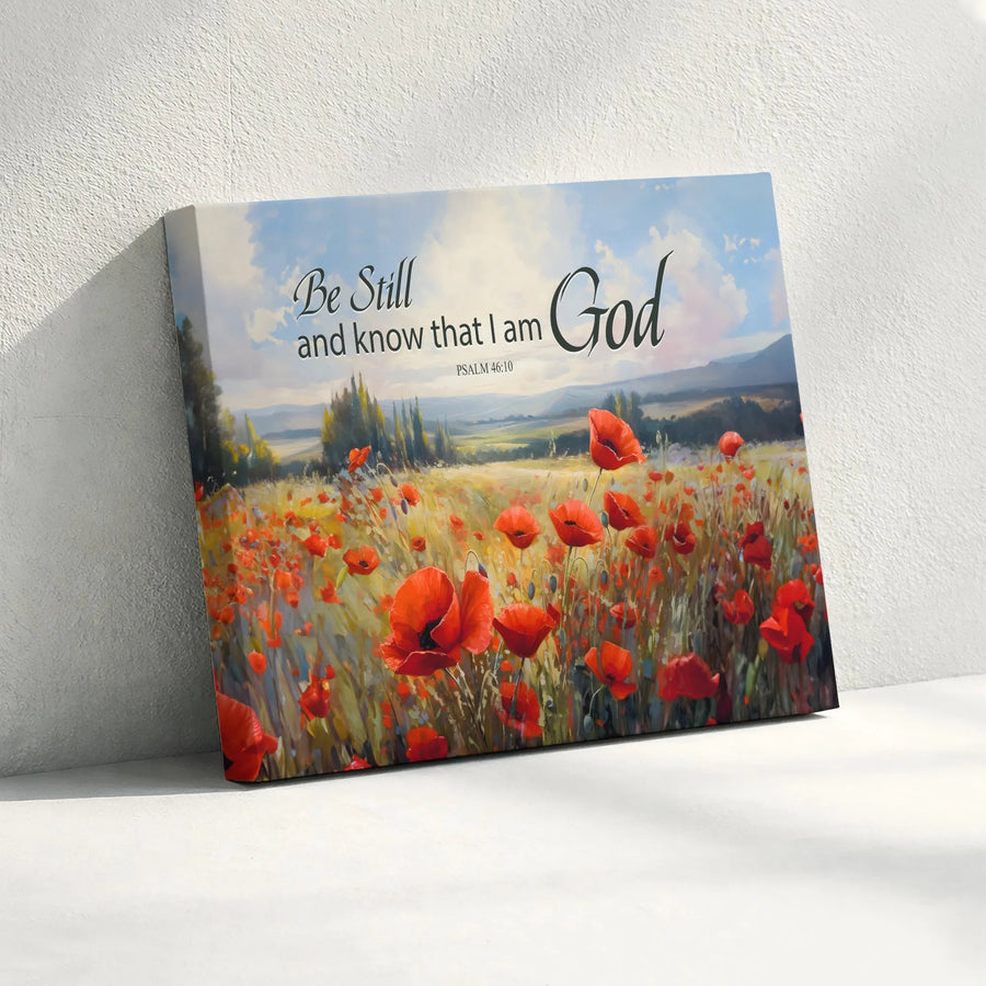 Be Still and Know That I Am God Canvas Art | Psalm 46:10 Red Poppy Field Landscape | Premium Gallery Wrapped | Christian Home Decor Gift