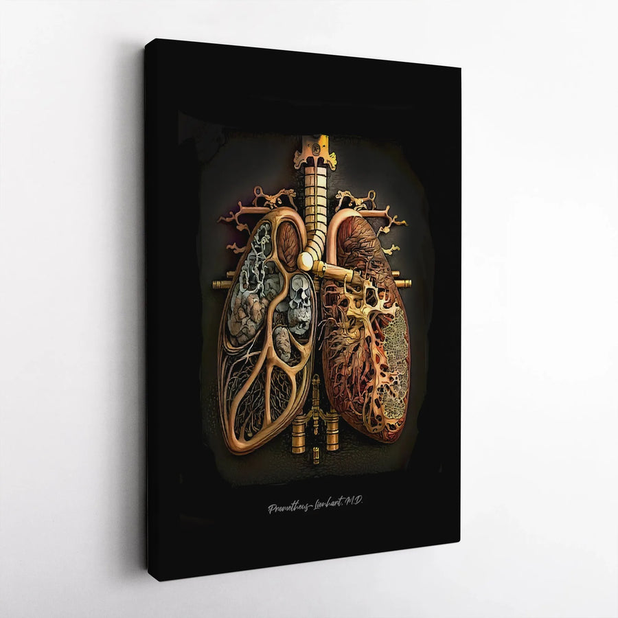 Steampunk Anatomical Lungs Canvas Art | Vintage Biological Skull Illustration | Gallery Wrapped Premium Wall Decor | Medical Professional Office Gift