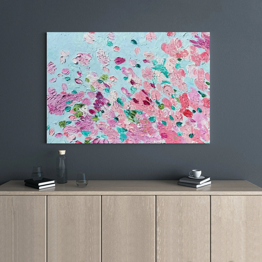 Abstract Pink Floral Canvas Art | Textured Impasto Oil Painting Style | 1.25 Inch Gallery Wrap | Modern Home Decor Wall Hanging