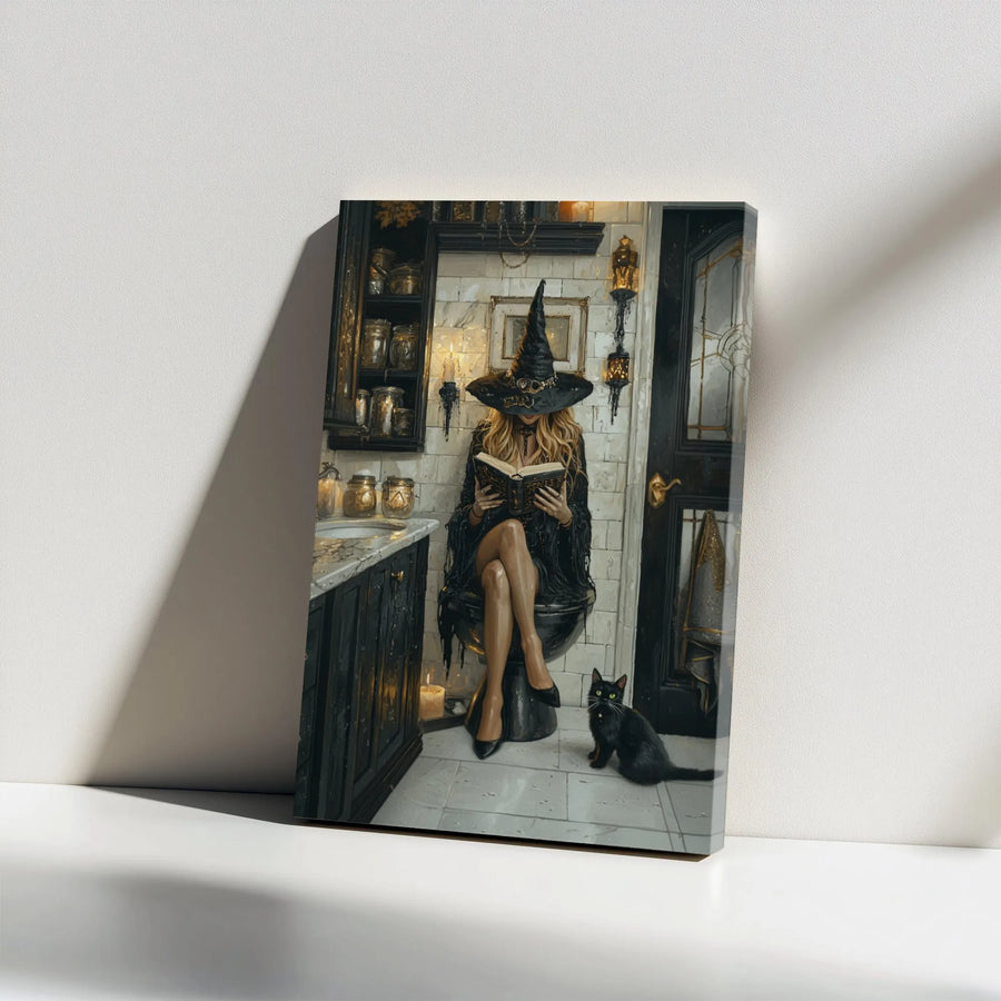 Witch Reading on Toilet Canvas Print | Funny Bathroom Wall Art with Black Cat | Premium Gallery Wrap Decor | Unique Witchy Home Gift for Her