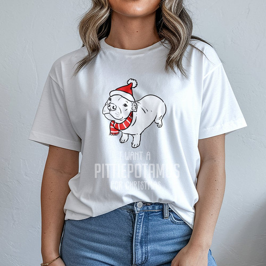 Pitbull Christmas T-Shirt | Cute Santa Hat and Scarf Graphic | Premium 100% Cotton | Funny Dog Mom and Dad Holiday Gift