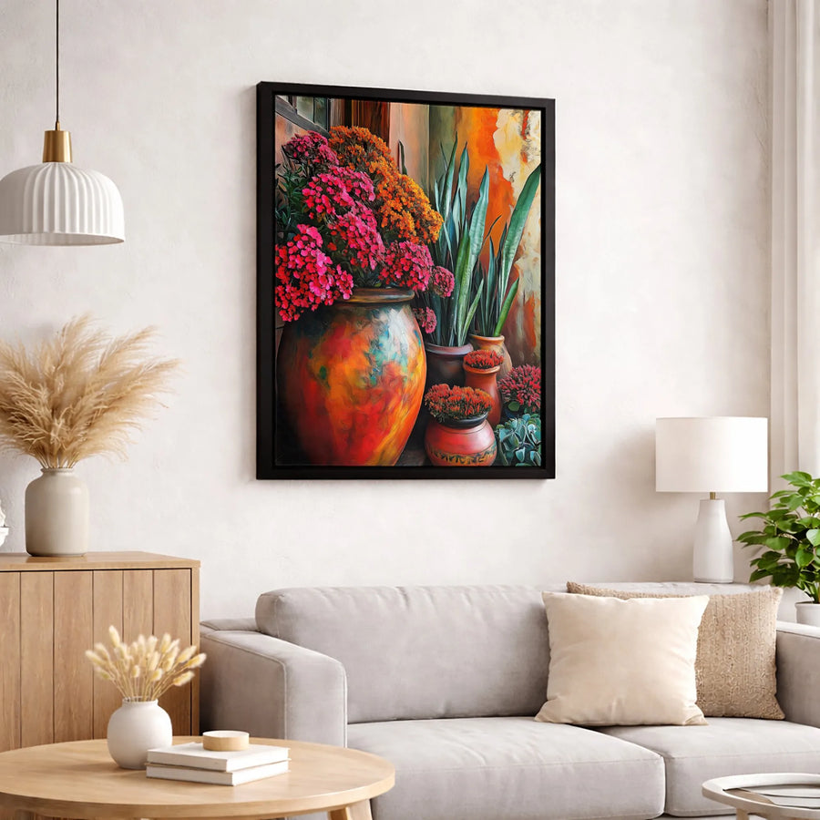 Vibrant Floral Still Life Canvas Art | Potted Flowers & Succulents Painting | Premium Gallery Wrapped Decor | Botanical Wall Art for Home Living Room