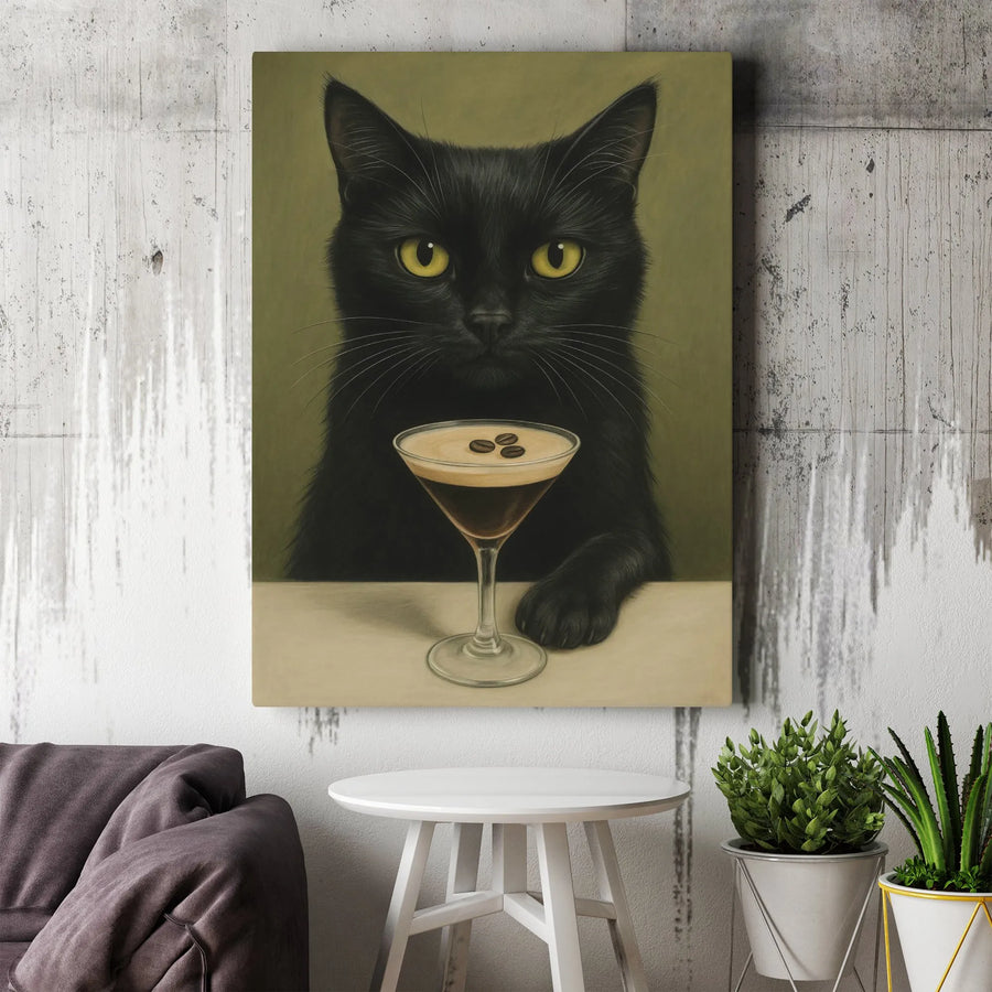 Black Cat Espresso Martini Canvas Wall Art | Whimsical Kitchen Bar Decor | Premium Fade-Resistant Print | Funny Coffee Lover Gift