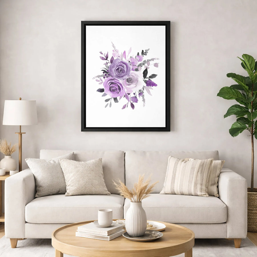 Purple Watercolor Rose Canvas Wall Art | Floral Bouquet Print | Gallery-Quality 1.25-Inch Thick | Elegant Home Office Decor Gift