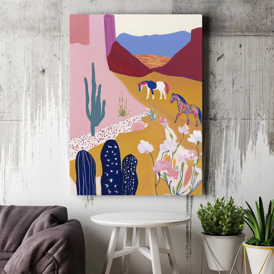 Southwestern Desert Canvas Wall Art | Colorful Horses Cactus Landscape | 1.25 Inch Premium Gallery Wrap | Modern Boho Home Decor Gift