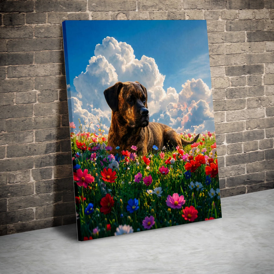 Brindle Dog in Wildflower Garden Vertical Canvas | Vibrant Summer Flower Meadow Pet Art | Premium 1.25 Inch Gallery Wrap | Memorial Gift for Dog Lovers & Home Decor